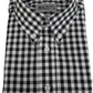 Folded black and white checkered shirt with 'Mazeys' label on a white background