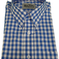 Folded blue and white checkered shirt with Mazeys label on a white background