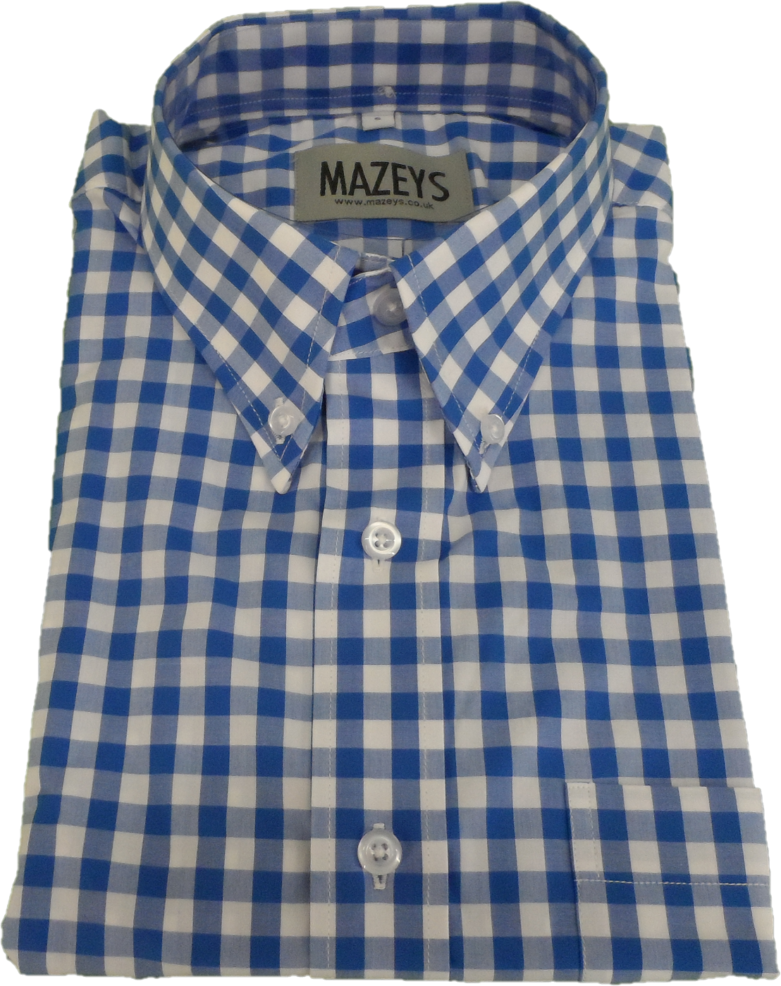 Folded blue and white checkered shirt with Mazeys label on a white background
