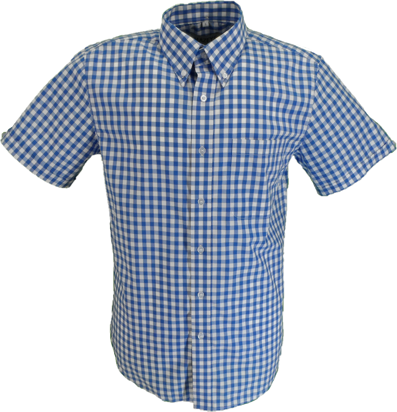 Blue and white checkered short-sleeve shirt on a white background