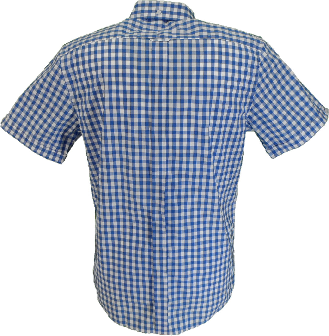 Blue and white checkered short-sleeve shirt on a white background