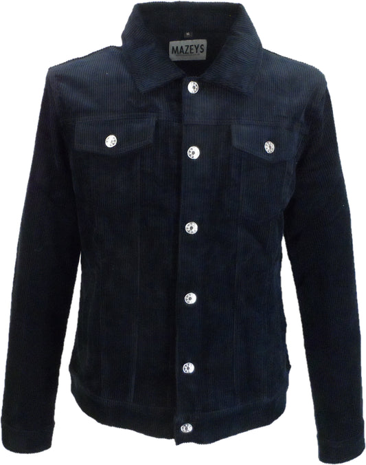 Mens 60s Retro Vintage Navy Cord Western Trucker Jacket