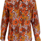 A long-sleeve button-up shirt with a bold 1970s floral pattern in orange, brown, and beige on a white background.