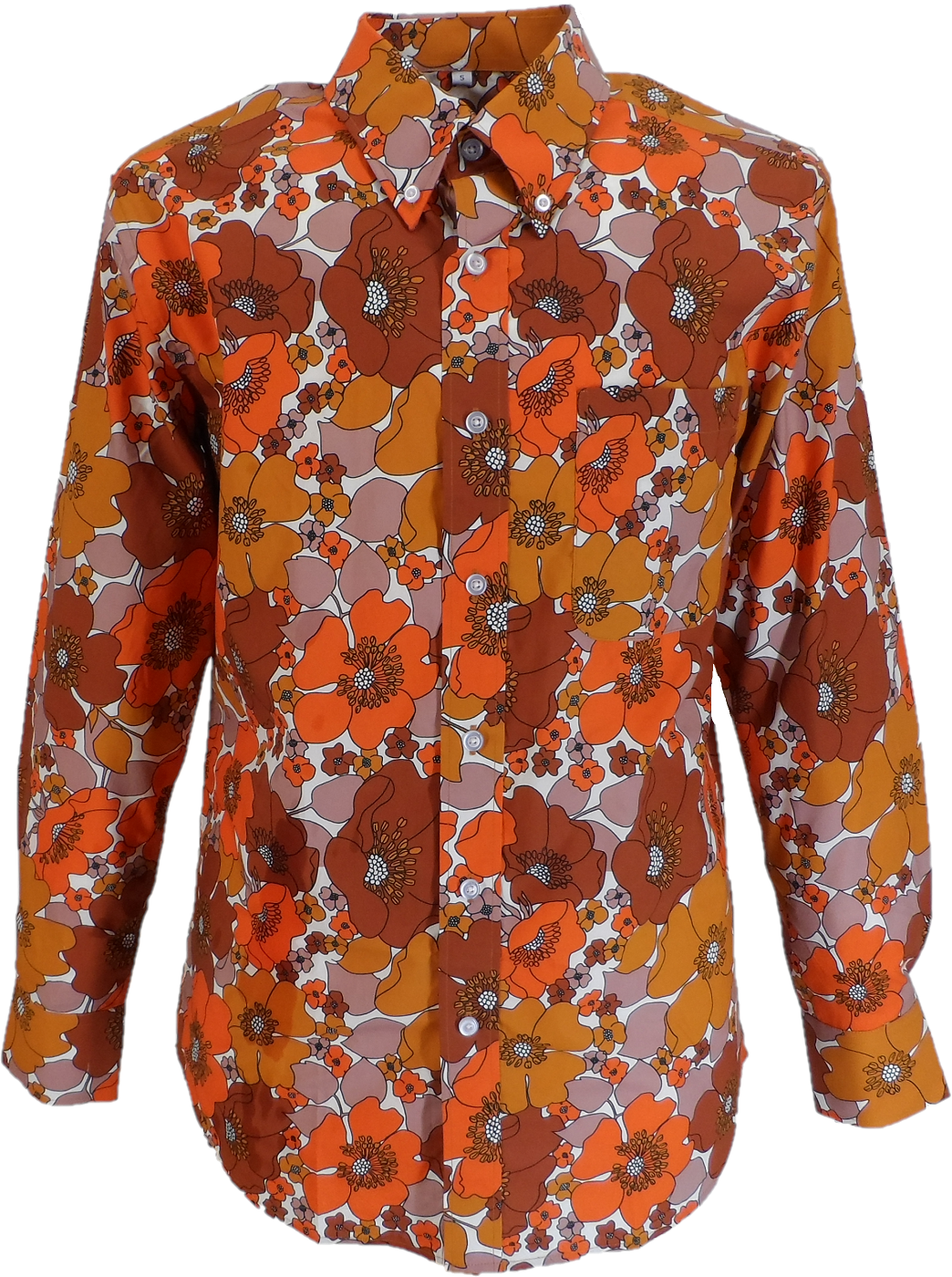 A long-sleeve button-up shirt with a bold 1970s floral pattern in orange, brown, and beige on a white background.