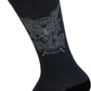 A single black crew sock featuring a metallic silver graphic of a skull with wings and the text 'Metallica' on the side, shown against a plain white background.