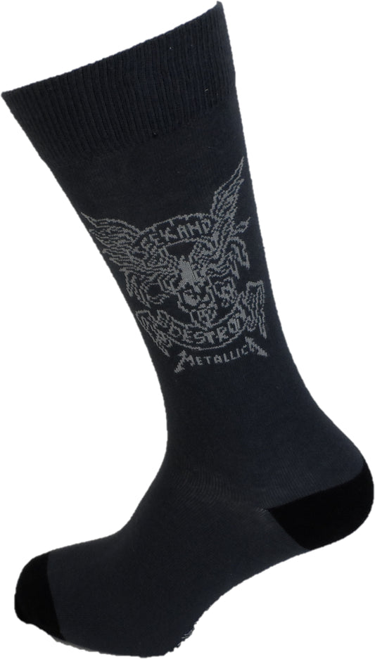 A single black crew sock featuring a metallic silver graphic of a skull with wings and the text 'Metallica' on the side, shown against a plain white background.