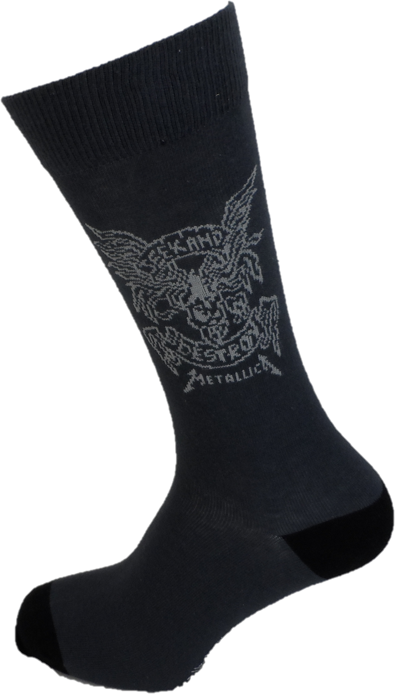 A single black crew sock featuring a metallic silver graphic of a skull with wings and the text 'Metallica' on the side, shown against a plain white background.
