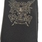 Metallica crew socks in black with a silver glittery band logo and skull graphic on the front, attached to a black cardboard hanger.
