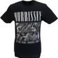 Black t-shirt with a graphic design and text on a white background