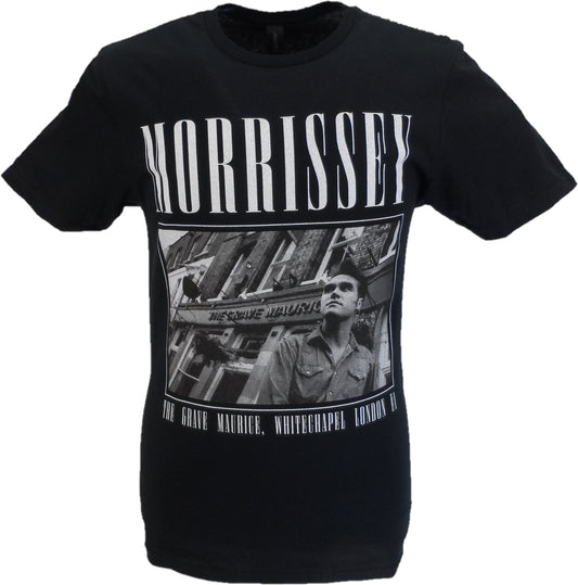 Black t-shirt with a graphic design and text on a white background
