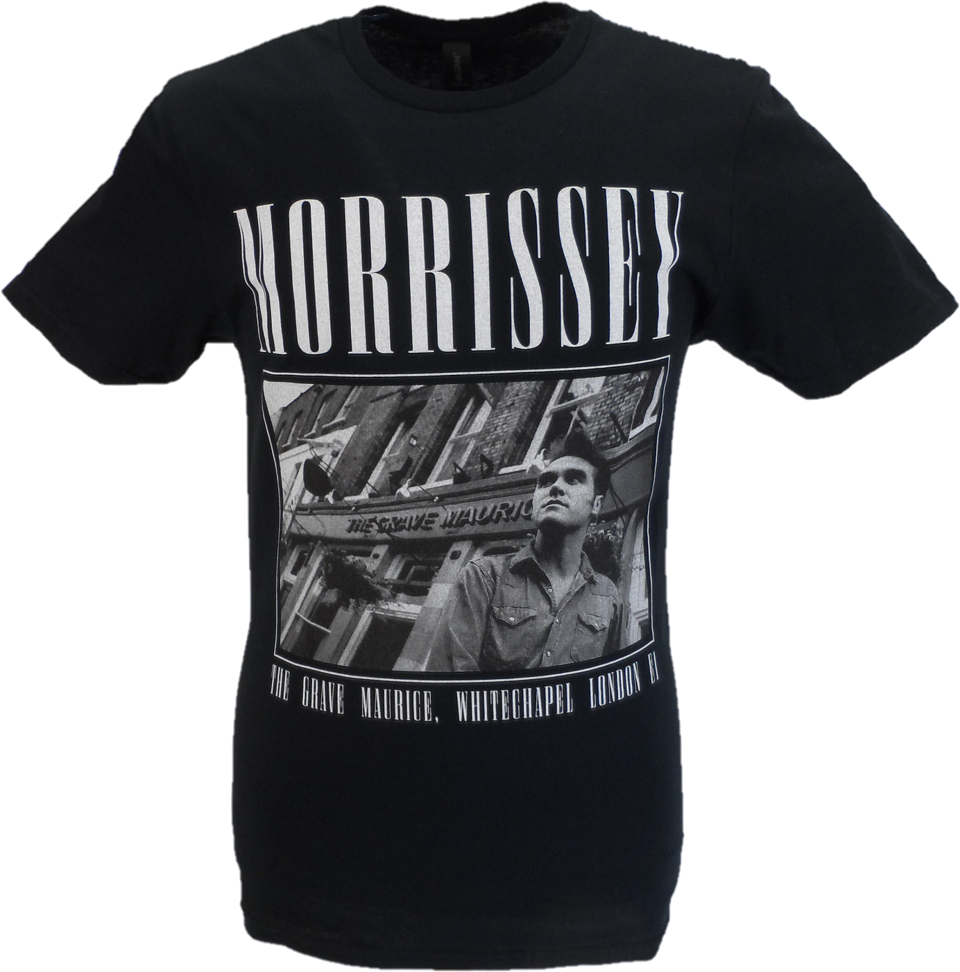 Black t-shirt with a graphic design and text on a white background