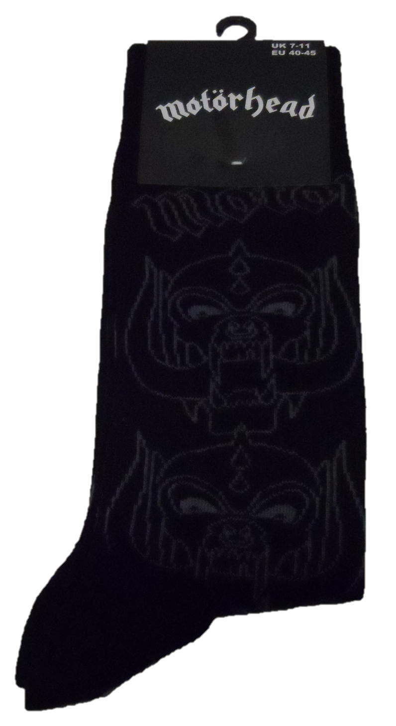Black sock with 'motorhead' logo on packaging