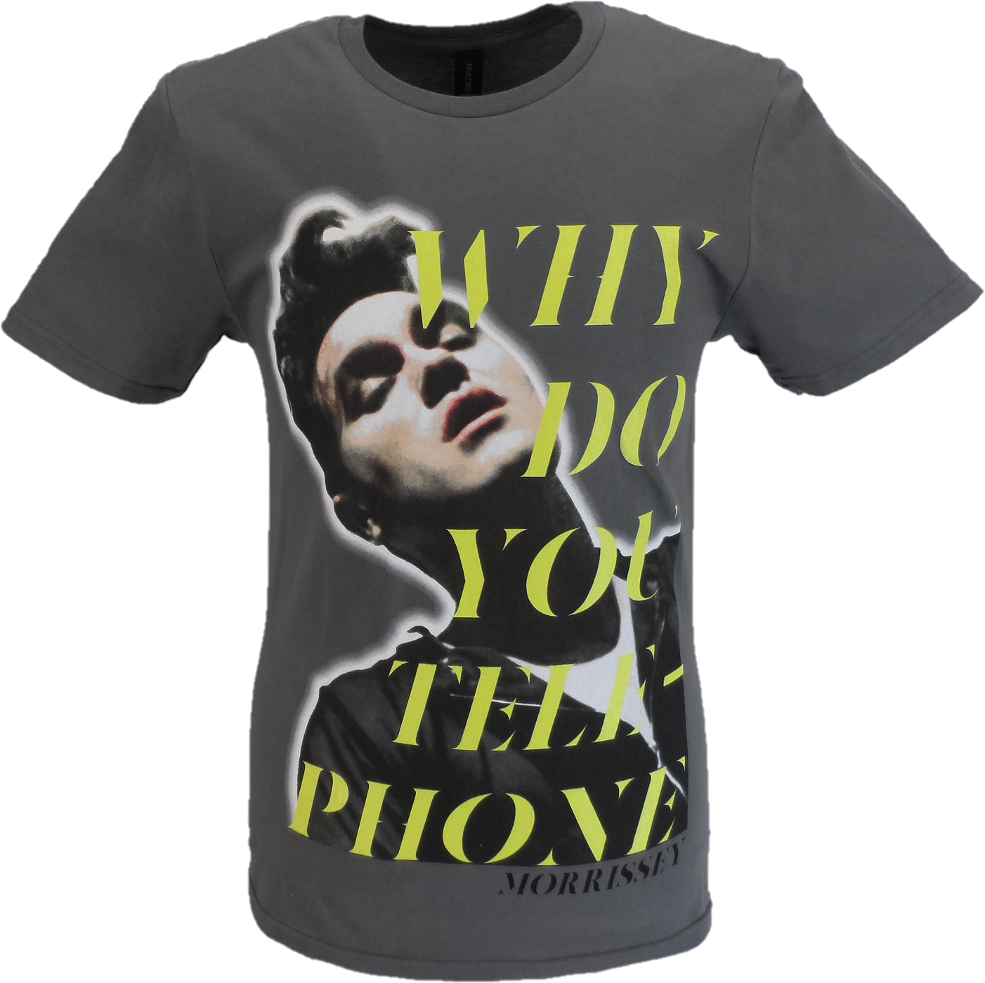 Gray t-shirt with graphic design and text on a white background