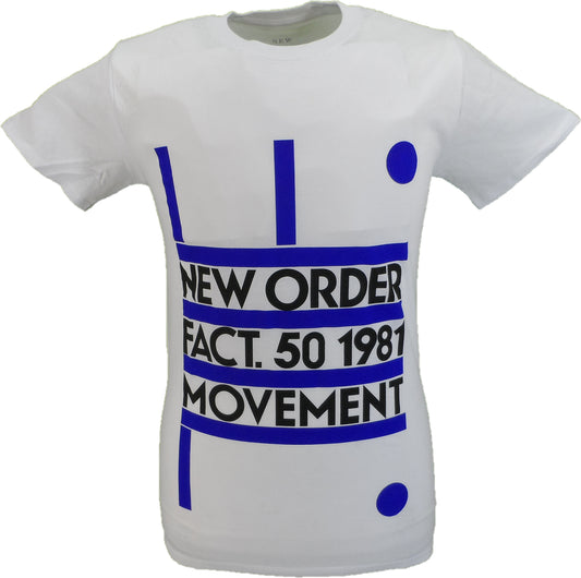 A white short-sleeve crewneck t-shirt featuring a blue and black graphic print on the front with the text 'NEW ORDER FACT. 50 1981 MOVEMENT'.