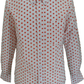 A long-sleeve button-up shirt with a red polka dot pattern on a white base, shown against a plain white background.