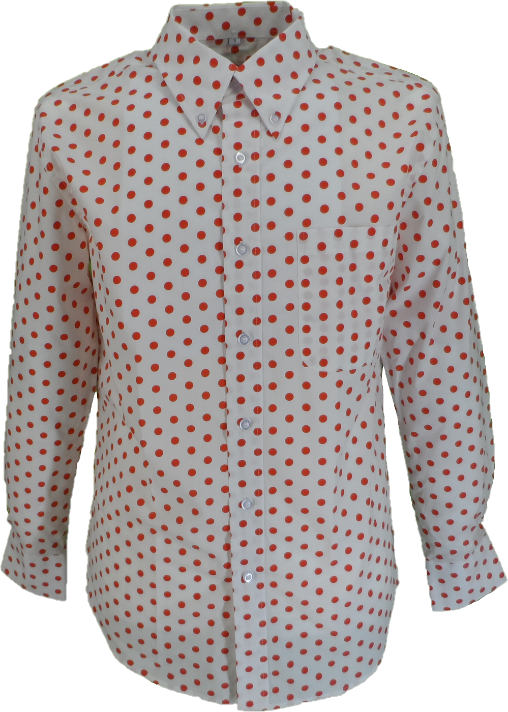 A long-sleeve button-up shirt with a red polka dot pattern on a white base, shown against a plain white background.