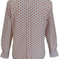 A long-sleeve button-up shirt with a red polka dot pattern on a white base, shown from the back.