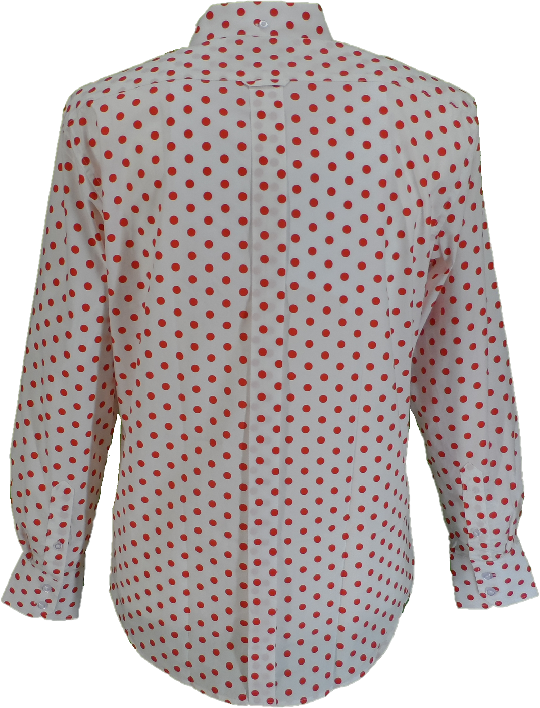 A long-sleeve button-up shirt with a red polka dot pattern on a white base, shown from the back.