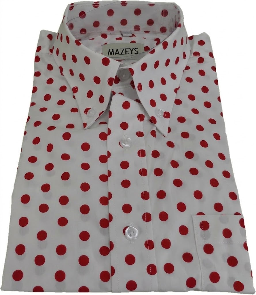 A white long-sleeve button-down shirt with red polka dots, folded neatly to show the collar, front buttons, and a chest pocket. The brand label 'MAZEYS' is visible inside the collar.