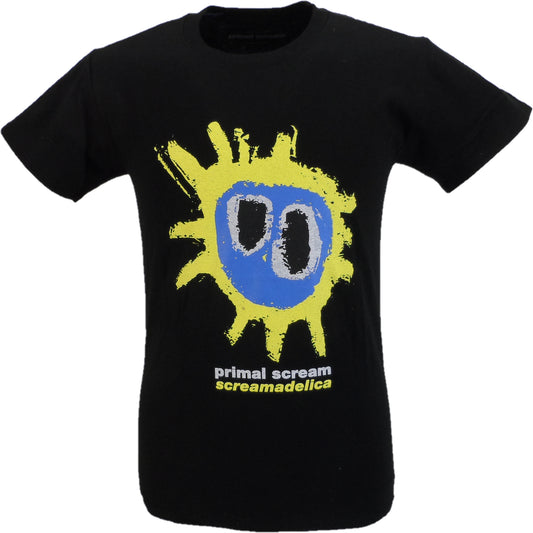 Black t-shirt with yellow and blue graphic design on a white background