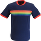 Mens Navy Retro Mod 60s Indie Rainbow Striped Cotton T-Shirt