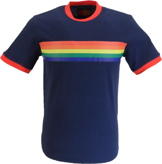 Mens Navy Retro Mod 60s Indie Rainbow Striped Cotton T-Shirt