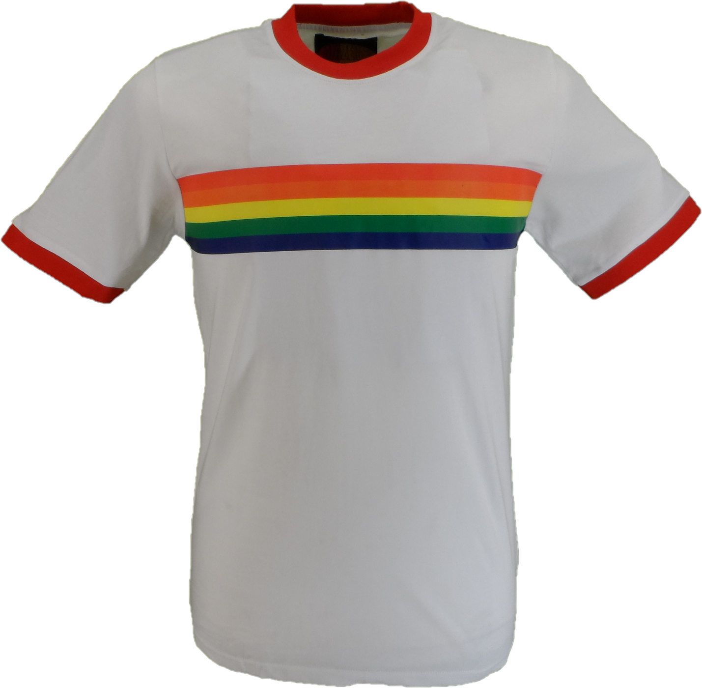 Mazeys Mens White Retro Mod 60s Indie Rainbow Striped Cotton T Shirt