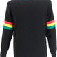 Black sweater with red, yellow, and green stripes on the sleeves against a white background