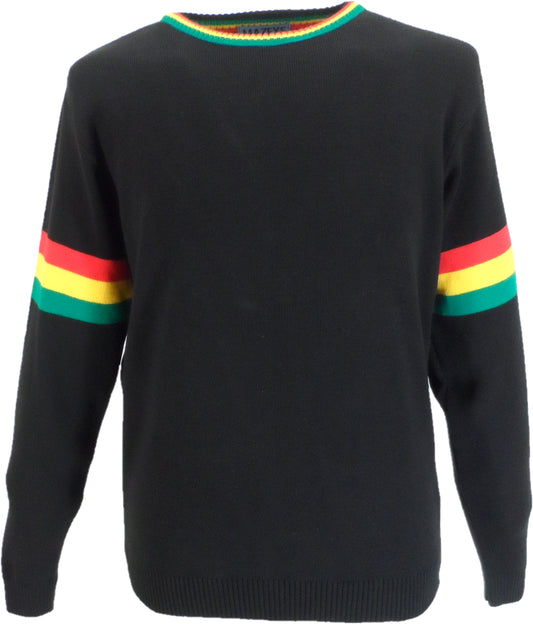 Black sweater with red, yellow, and green stripes on the sleeves against a white background