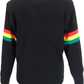 Black sweater with colorful stripes on the sleeves against a white background