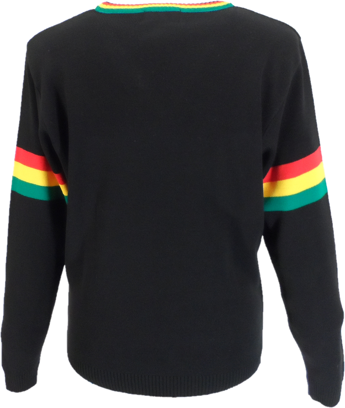 Black sweater with colorful stripes on the sleeves against a white background