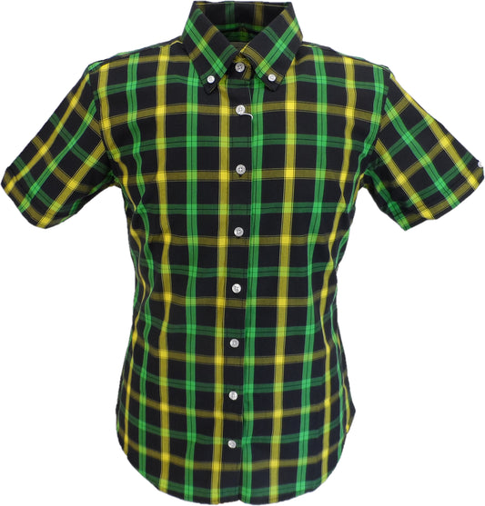 قمصان Relco للسيدات ذات مربعات باللون الأخضر/الخردل بأكمام قصيرة وأزرار سفلية