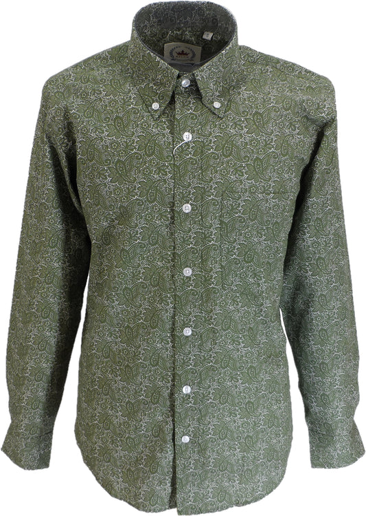 Relco Olive Green Paisley Cotton Long Sleeved Retro Mod Button Down Shirts