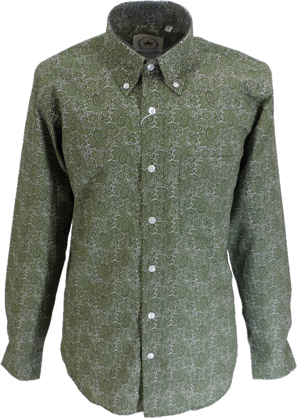 Relco Olive Green Paisley Cotton Long Sleeved Retro Mod Button Down Shirts