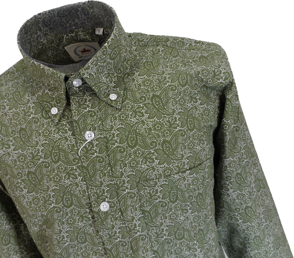 Relco Olive Green Paisley Cotton Long Sleeved Retro Mod Button Down Shirts