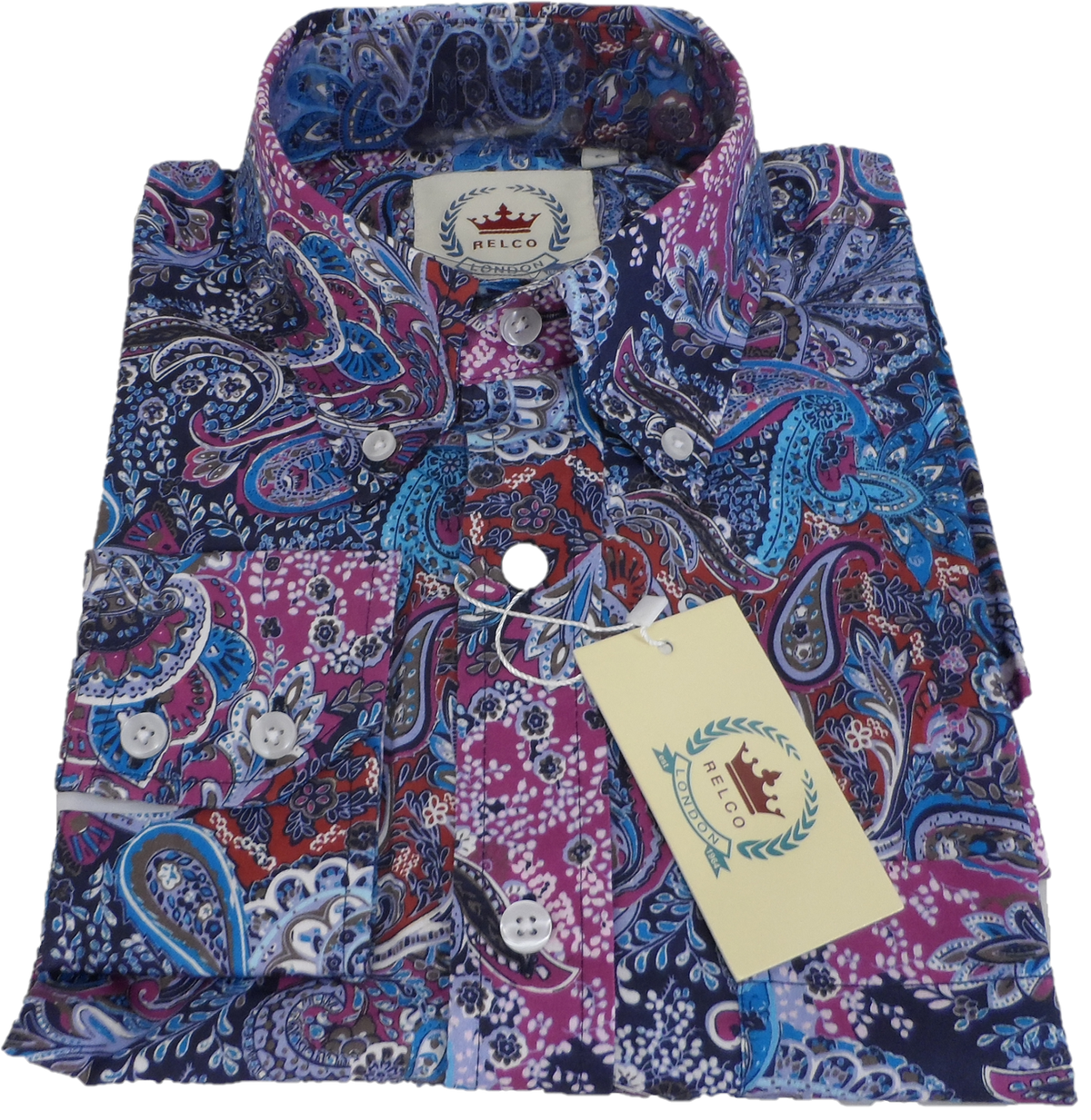 Relco Blue Multi Paisley Long Sleeved Retro Mod Button Down Shirt