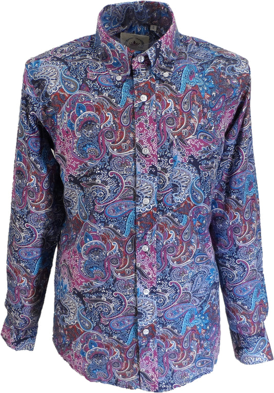 Relco Blue Multi Paisley Long Sleeved Retro Mod Button Down Shirt