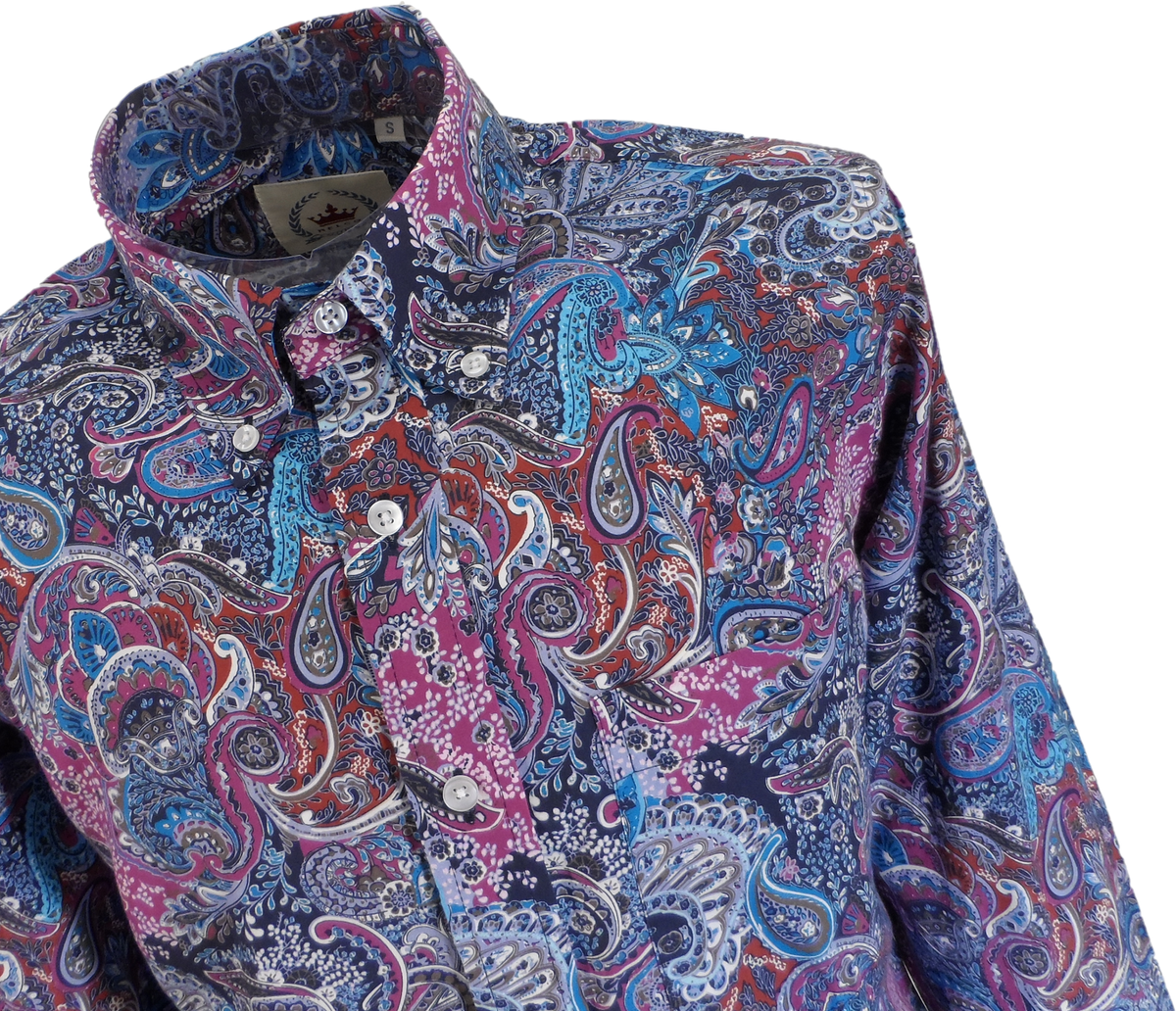 Relco Blue Multi Paisley Long Sleeved Retro Mod Button Down Shirt