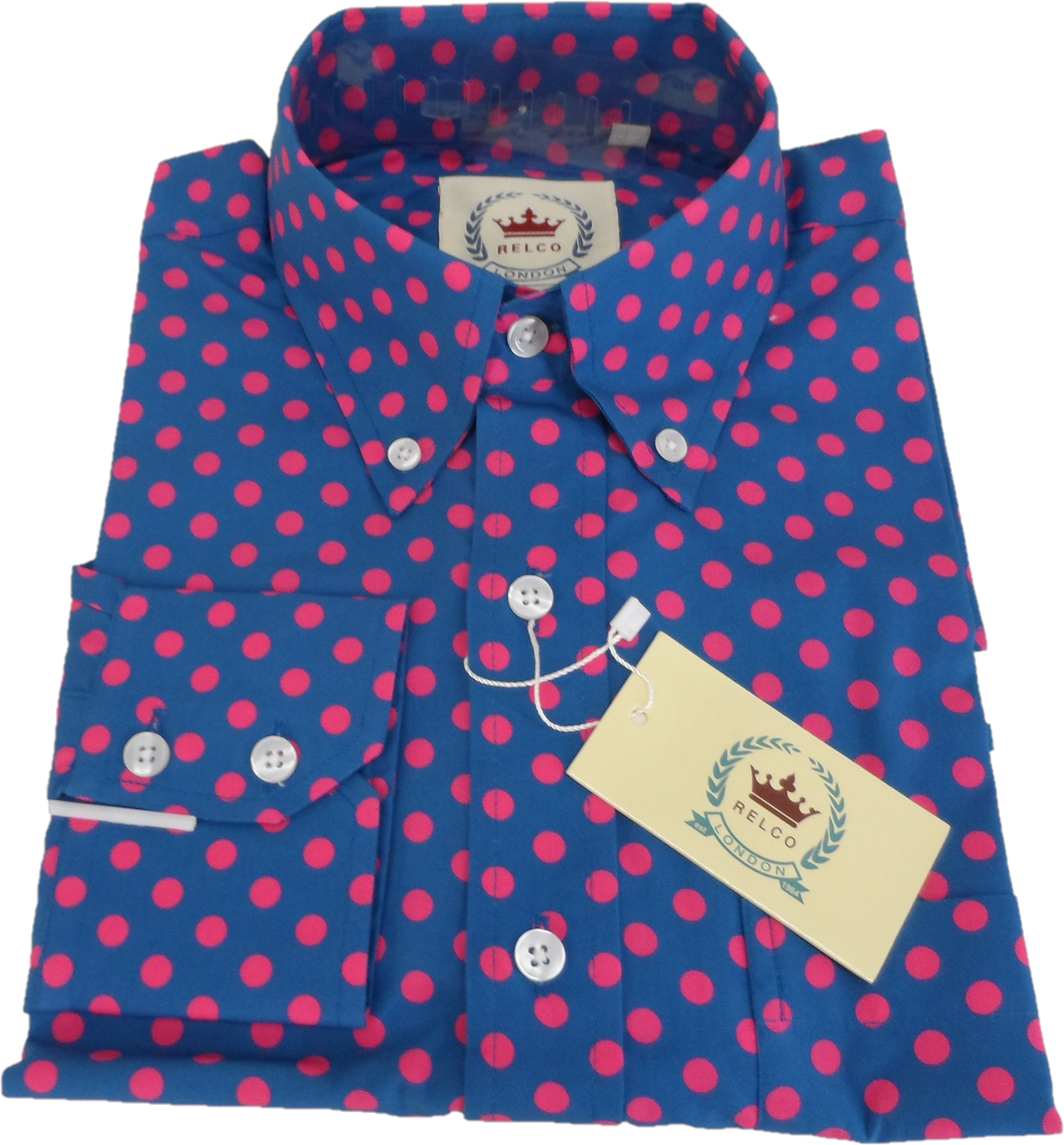 Relco Cobalt Blue Polka Dot Mens Classic Mod Vintage Design Shirts