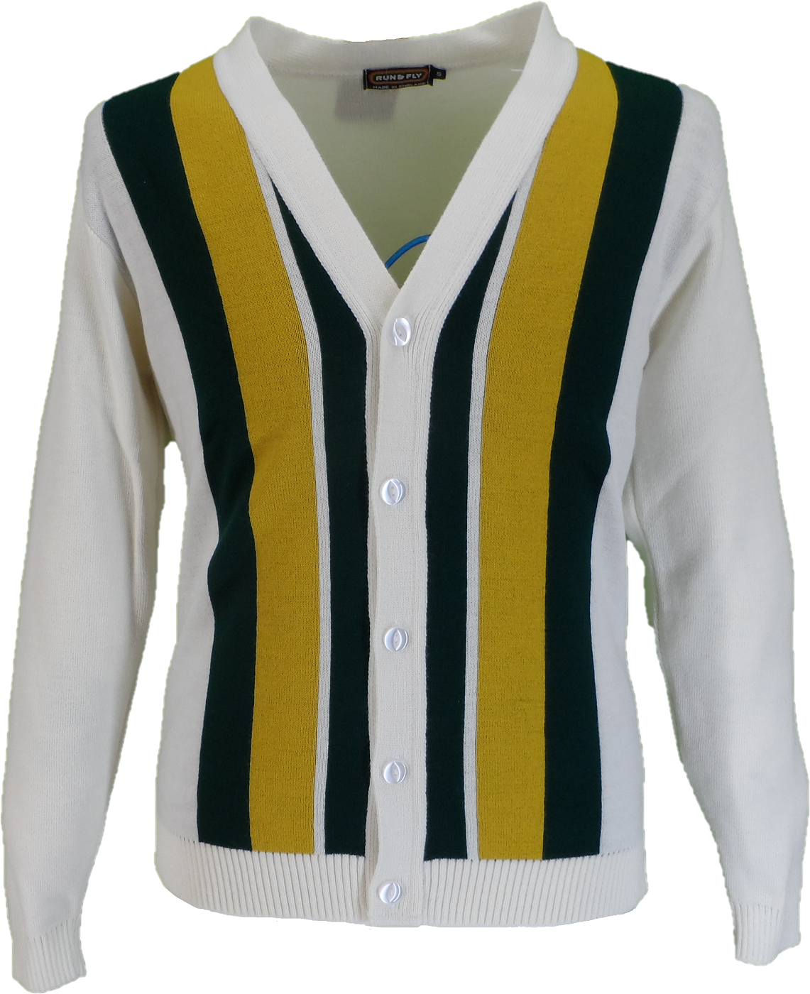 Mens Classic Retro Cream/Yellow/Green Striped Cardigan