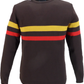 Brown sweater with red, yellow, and red stripes on a white background