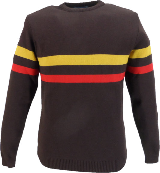 Brown sweater with red, yellow, and red stripes on a white background