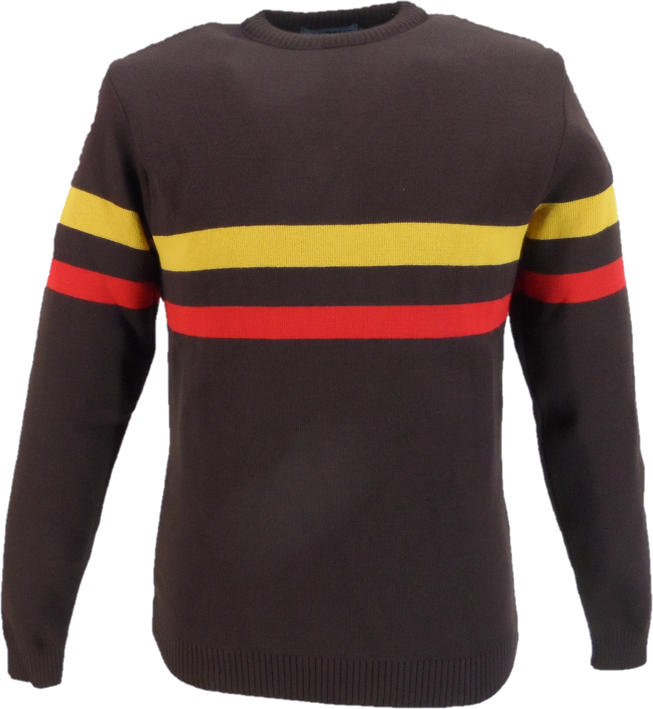 Brown sweater with red, yellow, and red stripes on a white background