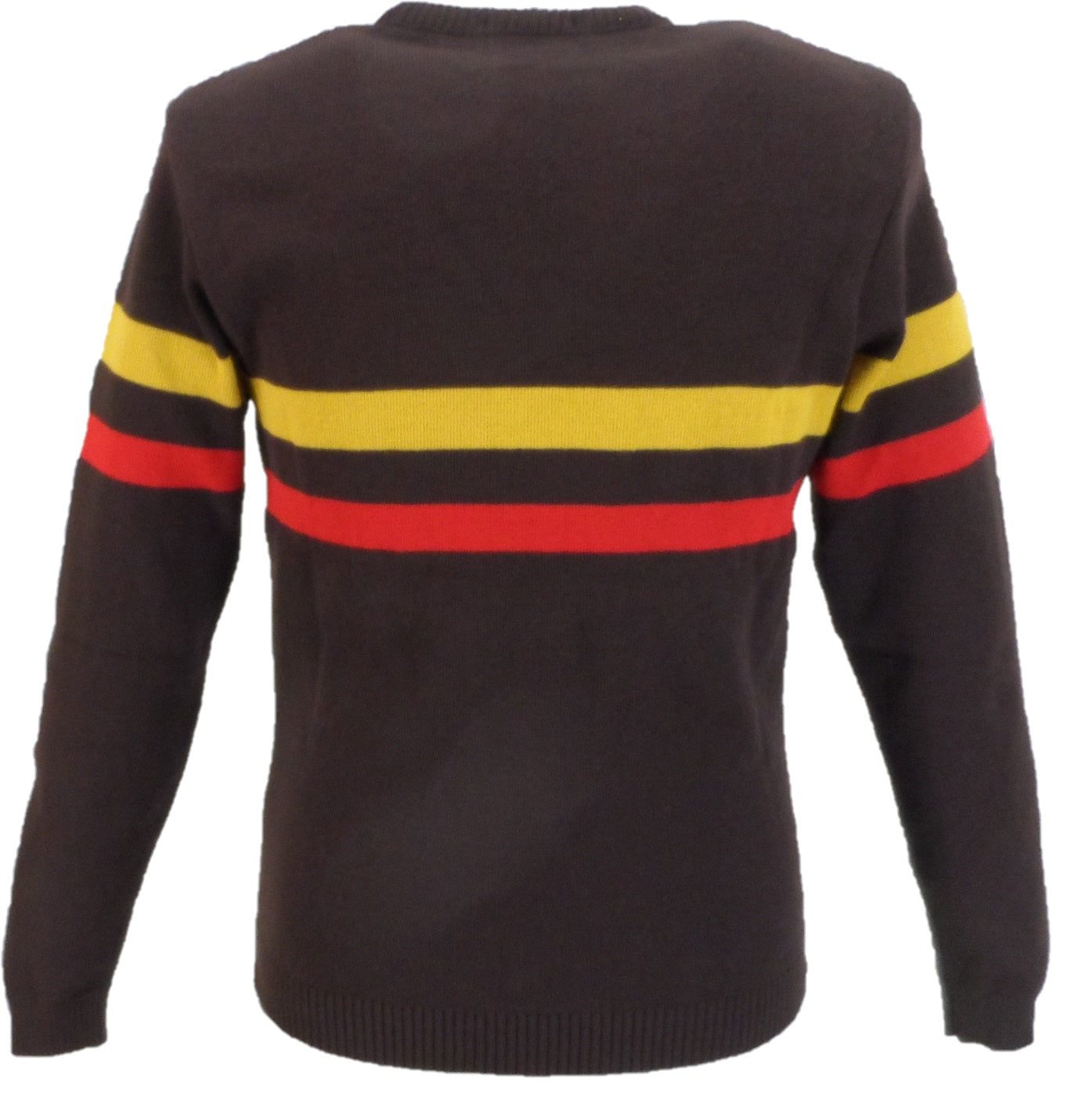 Black sweater with red and yellow stripes on a white background