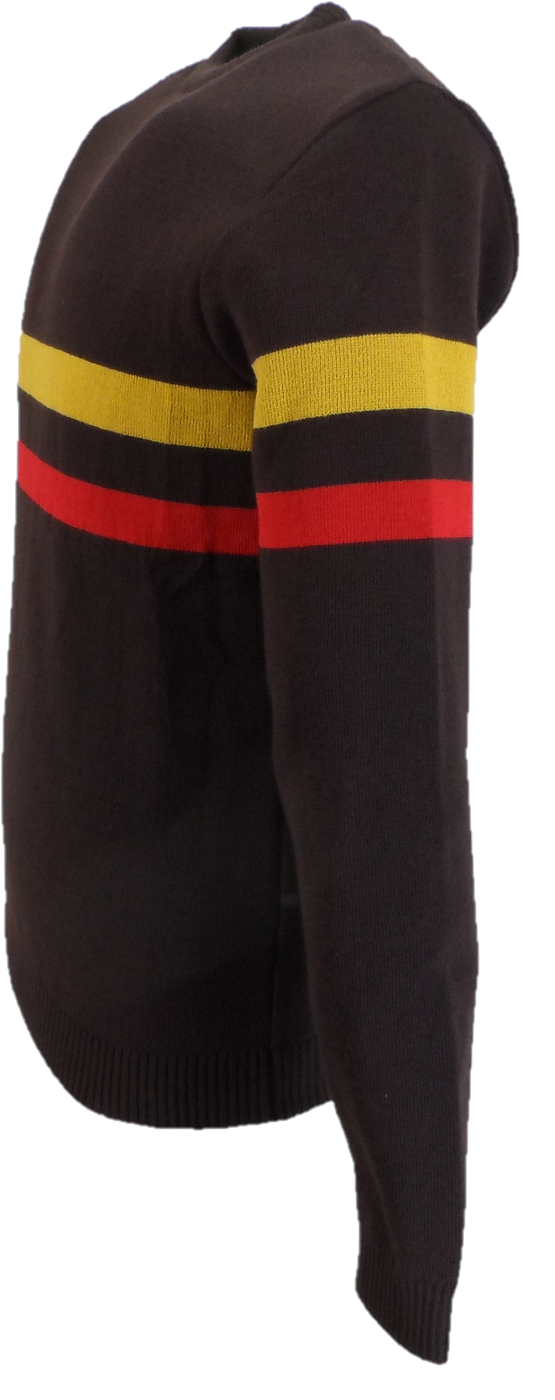 Mazeys Mens Brown Horizontal Stripe Crew Neck Jumper