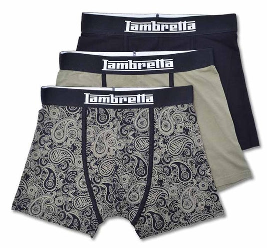 Lambretta Mens Khaki/Black 3 Pair Pack 0f Multi Boxer Shorts