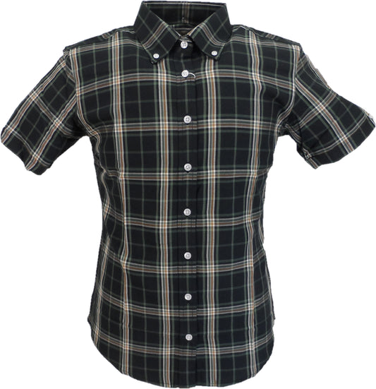 Relco camisas de manga corta con botones a cuadros retro verde/negro/mostaza para mujer