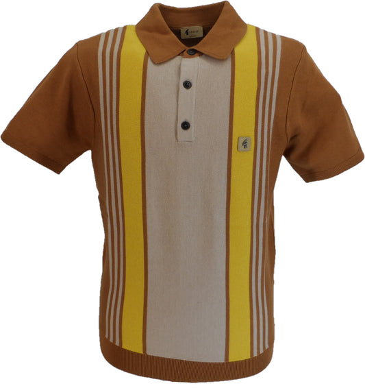 Gabicci Vintage Mens Walnut Brown Searle Stripe Knitted Polo Shirt