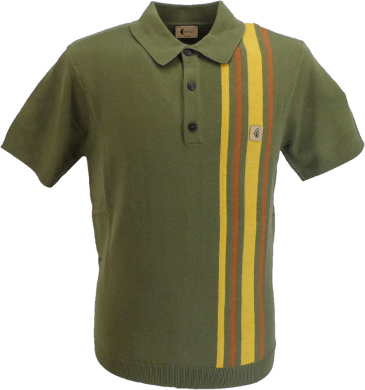 Gabicci Vintage Mens Spruce Green Racing Stripe Knit Polo Shirt