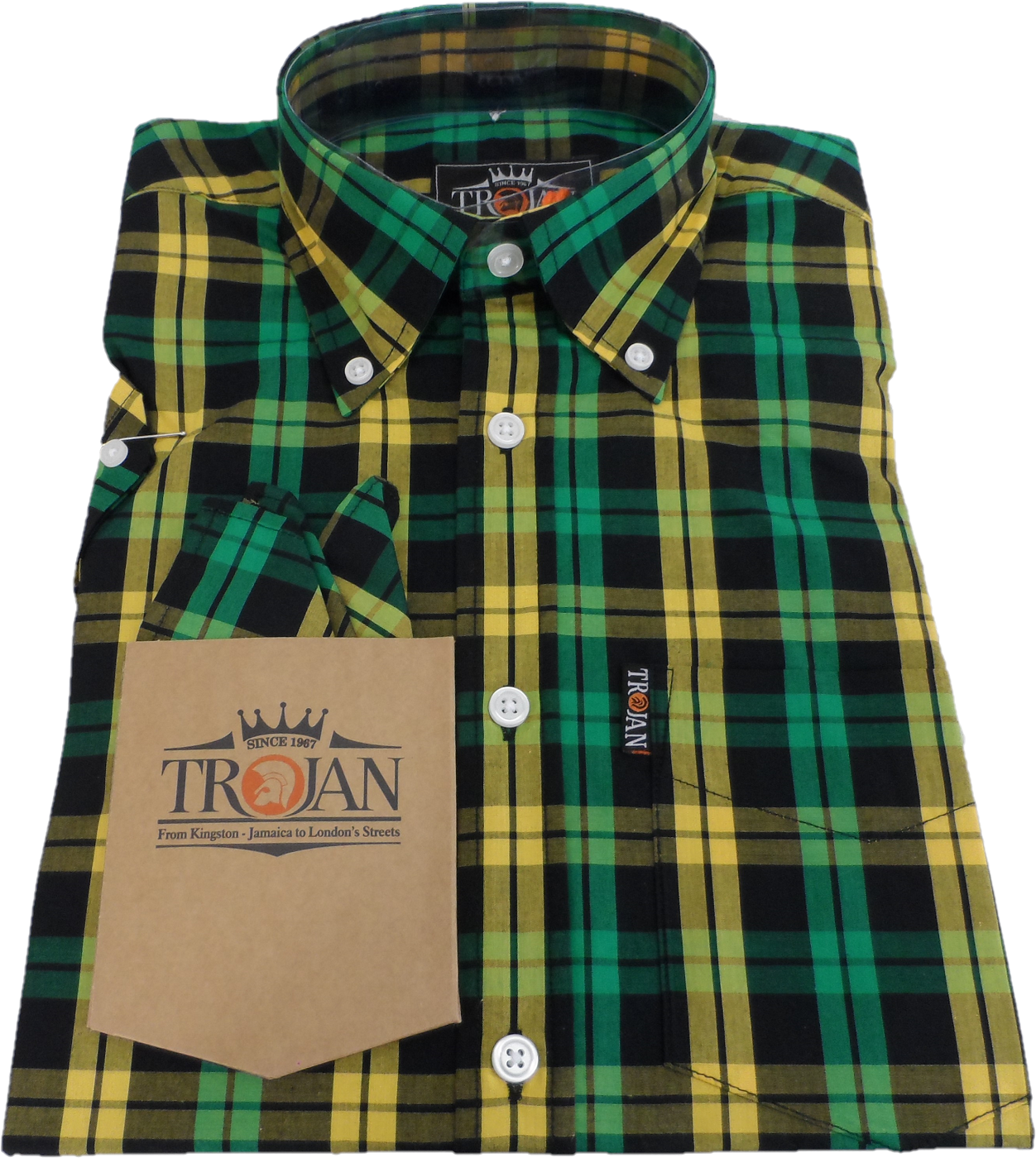 Trojan mænd sort/grøn/guld ternet kortærmede skjorter og Pocket Square